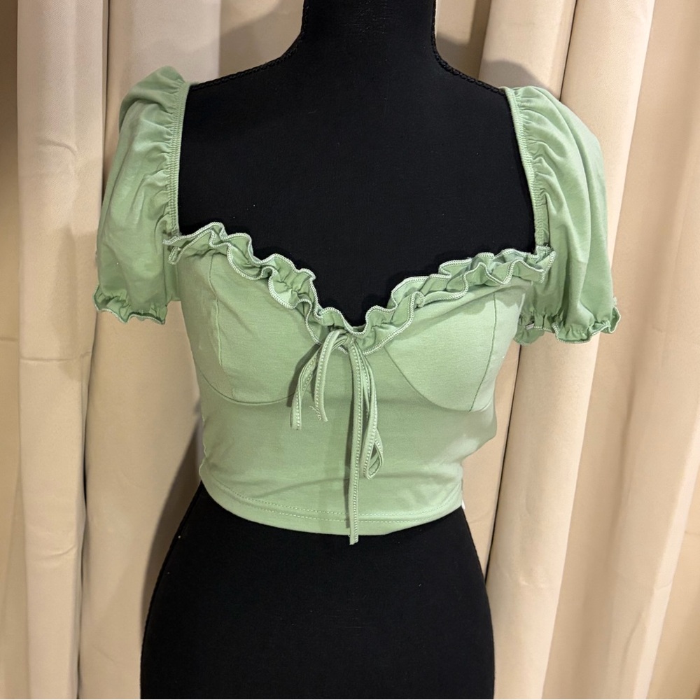 SHEIN Light Green Ruffle Trim Crop Top